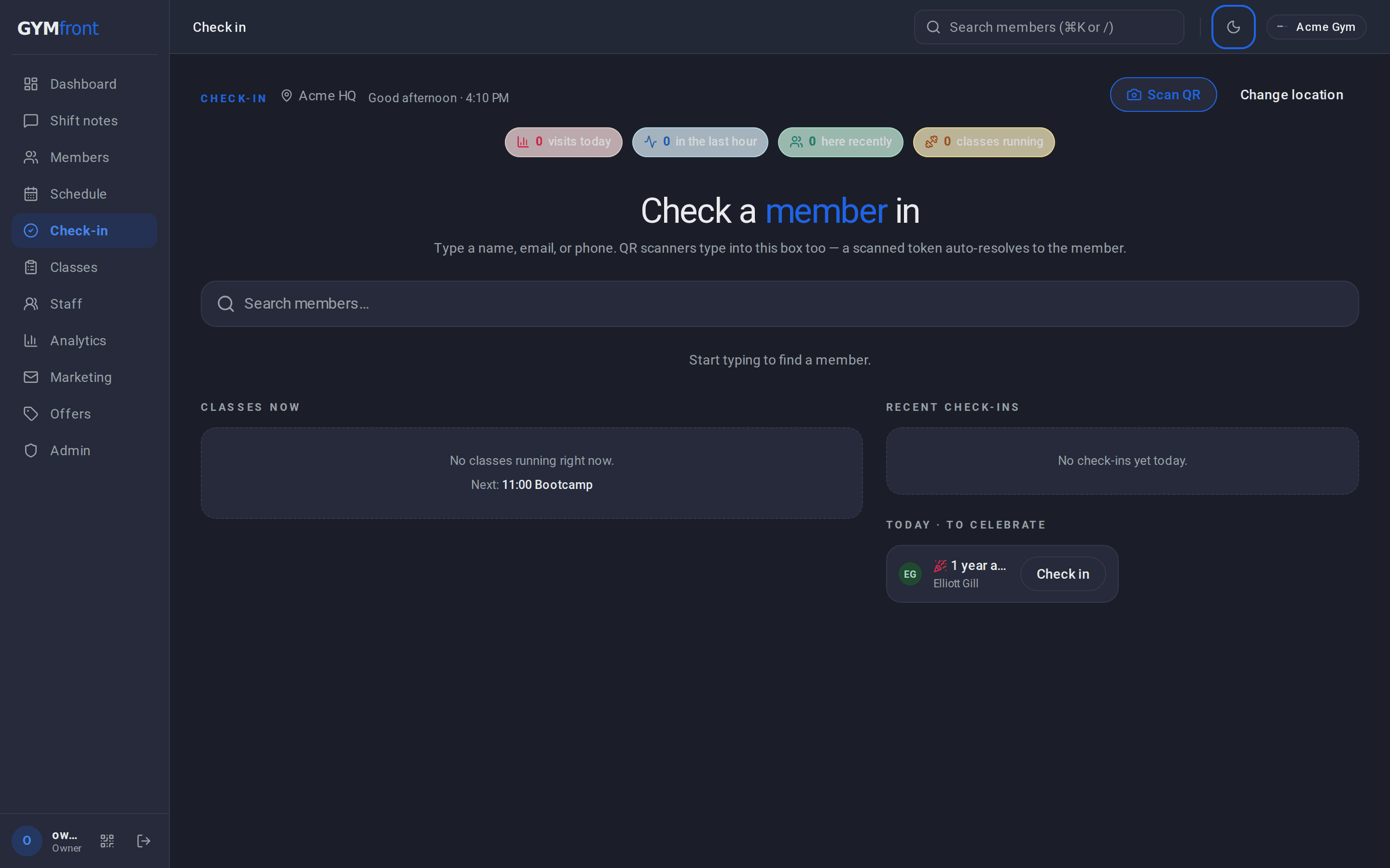 GymFront members check-in screen in dark mode