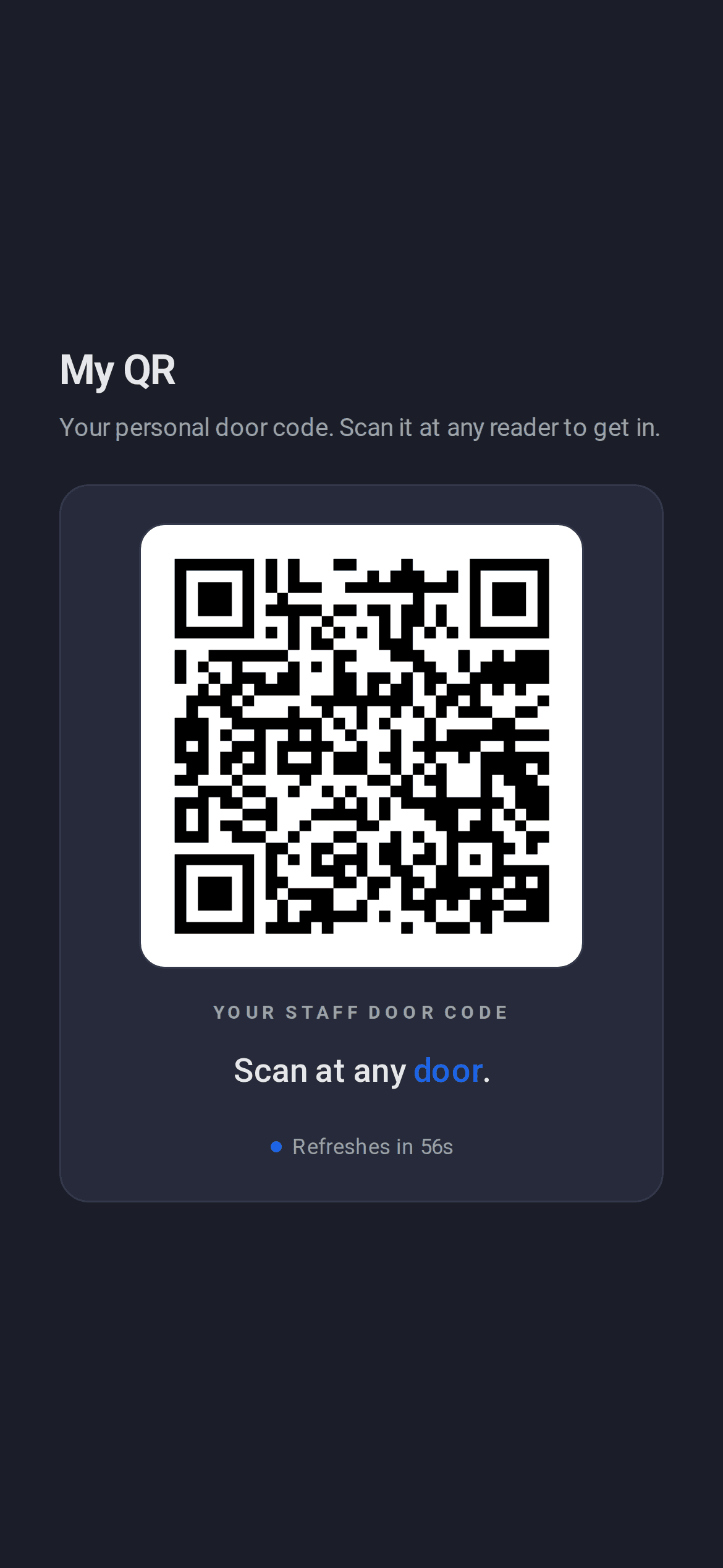 GymFront QR door code on a phone, scanned at the entrance